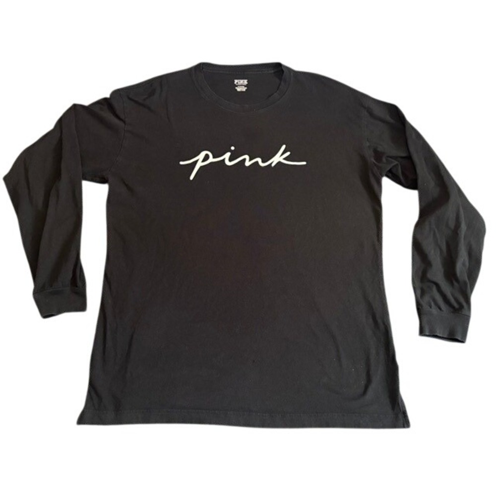 Victoria's Secret PINK Long Sleeve‎ T-Shirt Black Script Logo Crewneck Medium